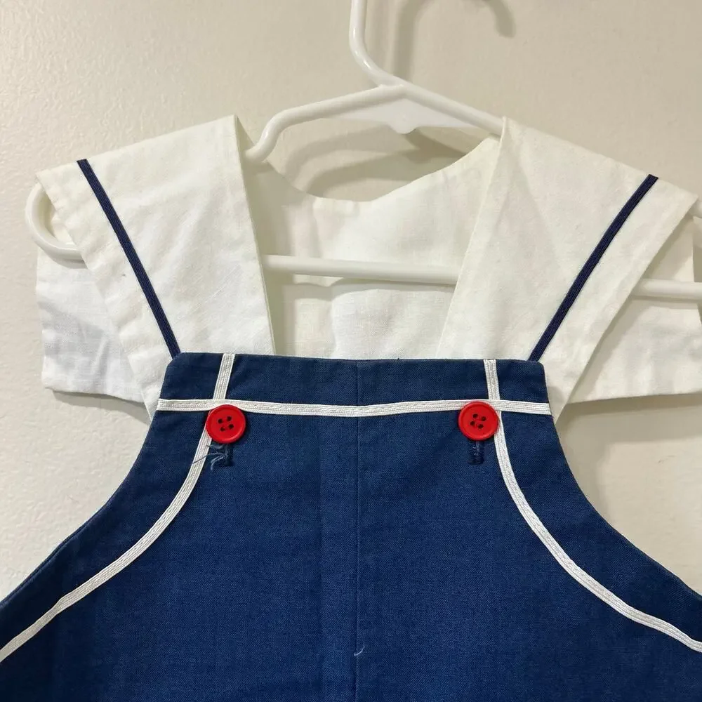 Absorba Vintage Boys Size 4T Blue & White Nautical Overalls Romper Sailboat 90s